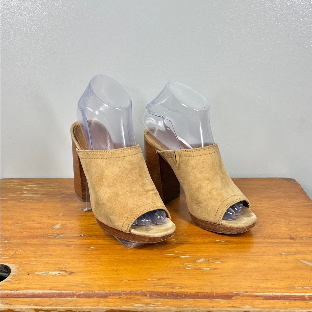 Frye Tan Suede Open-Toe Block Heel Mules